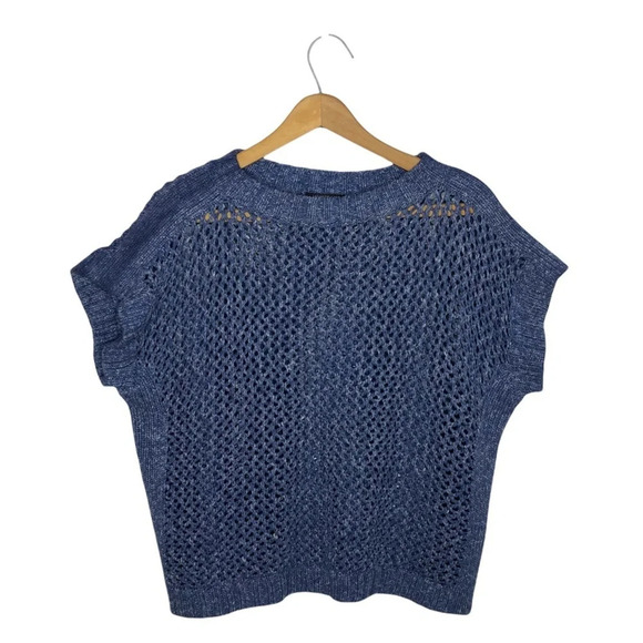 Lafayette 148 New York Women's Blue Open Knit Short Sleeve Sweater Top - Picture 3 of 8